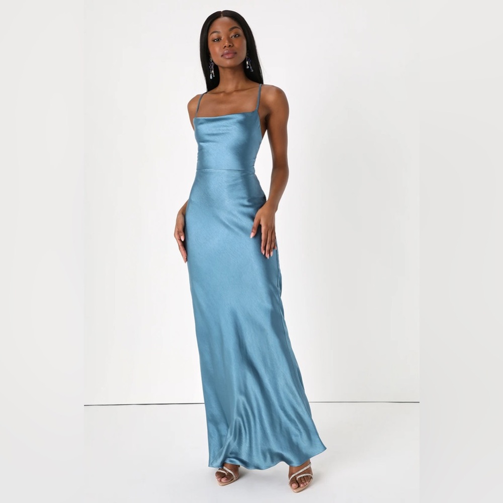 Inspire Romance Slate Blue Satin Cowl Neck Lace-Up Maxi Dress